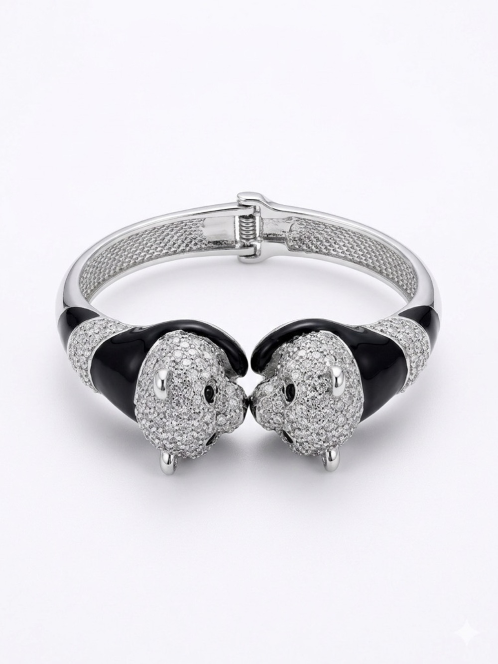 Pave Crystal Panda Hinged Bangle Bracelet in Black and Silver